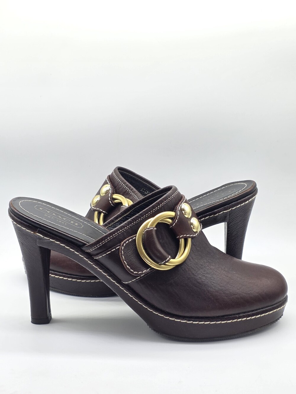 Vintage Y2K Coach Claude Chestnut Brown Leather Mule Platform Clog Heels Size 10